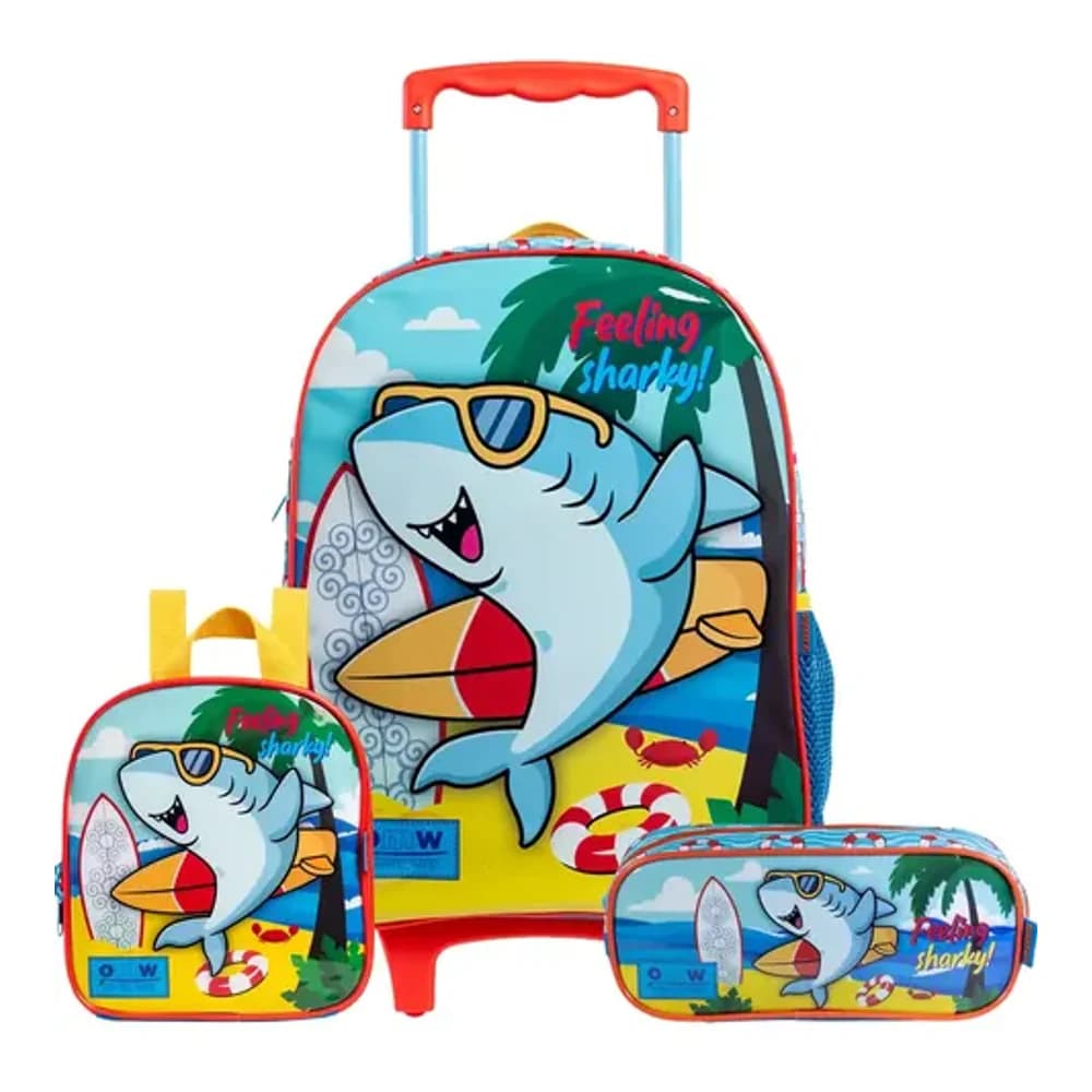 KIT MOCHILA LANCHEIRA ESTOJO SHARKITO RODINHA XERYUS
