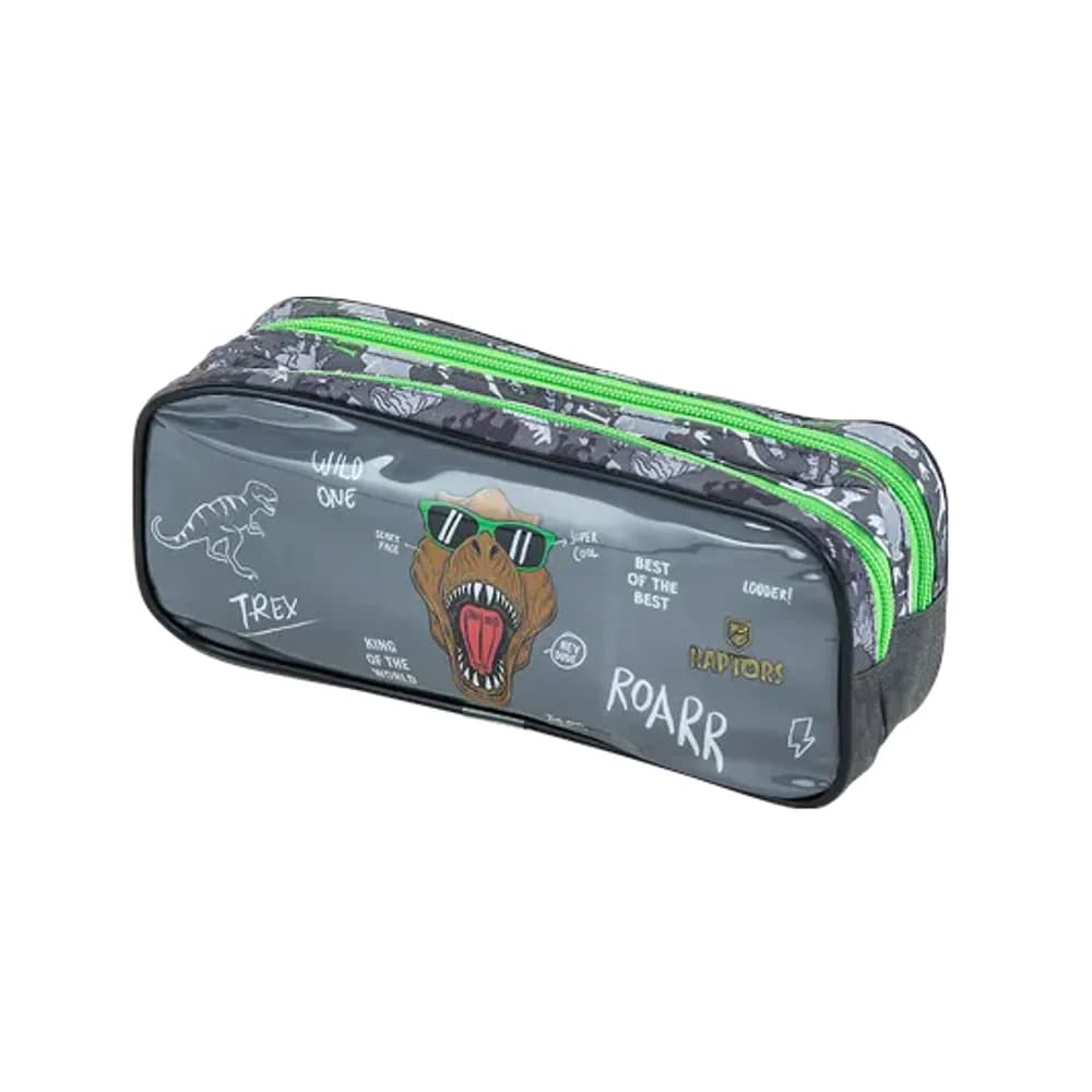 ESTOJO ESTAMPADO - POLIÉSTER - 2 ZIPERS - RAPTOR - VERDE E CINZA